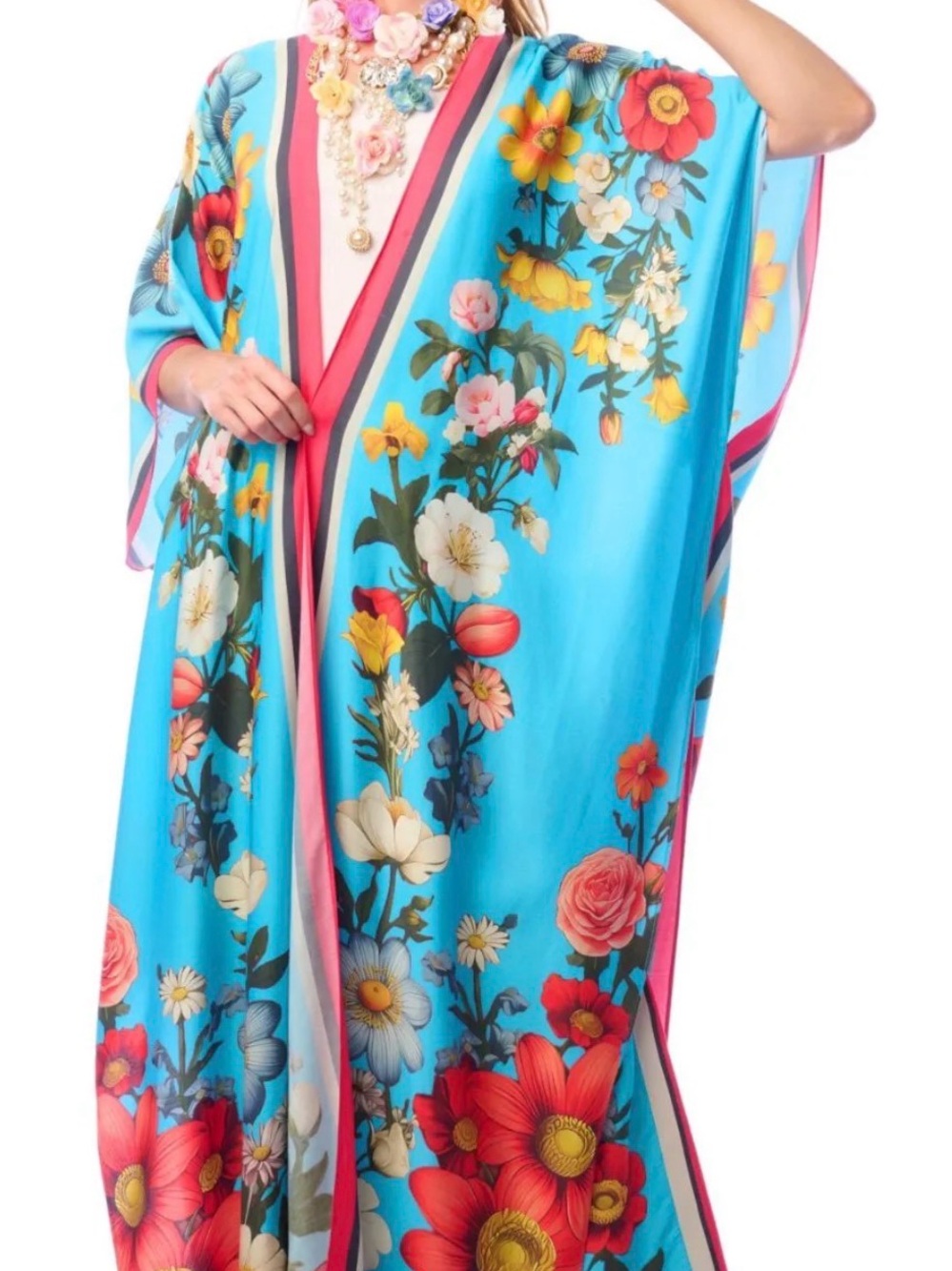 Aratta FLORAL GARDEN MAXI KIMONO Turquoise Floral with Pink Trim